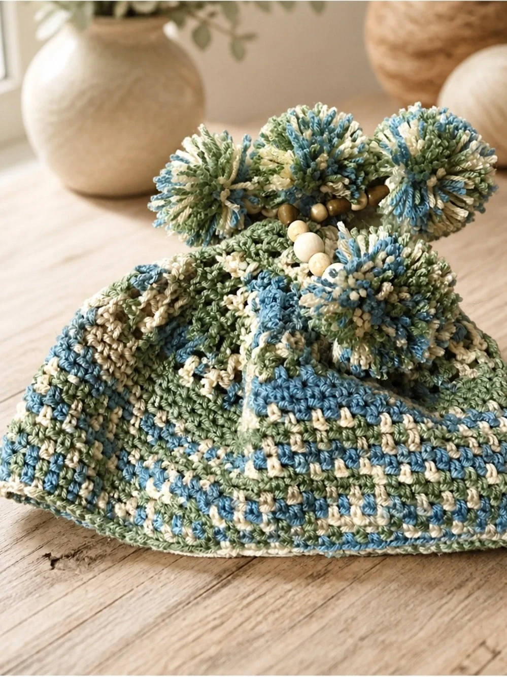 One-of-a-Kind Handcrafted Hippie Crochet Pom-Pom Hat Boho Beanie Wood Beads
